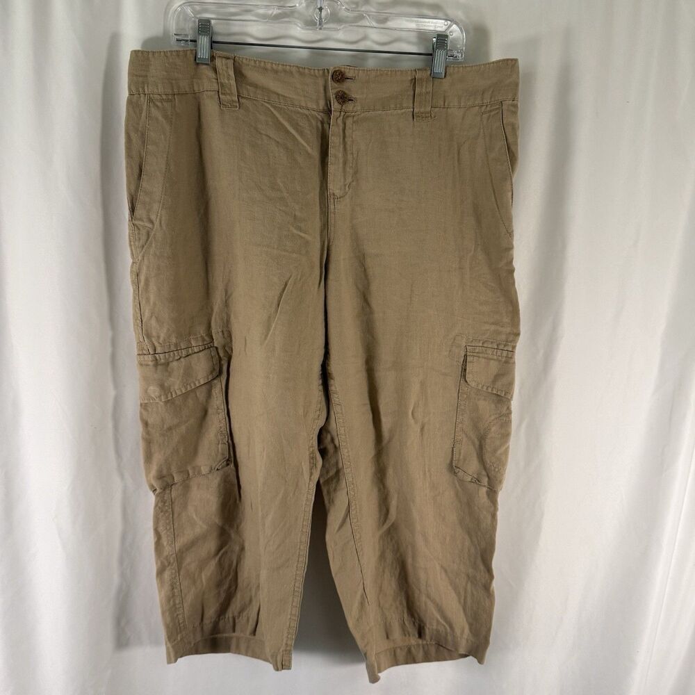 Coldwater Creek 100% Linen Cropped Pants Women's 16 Tan Flat Front Pockets
